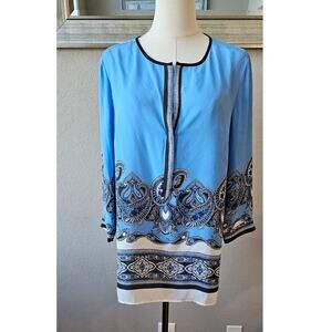 Ann Taylor Women Boho Paisley Print Split Neck‎ 3/4 Sleeve Tunic Top Size M Blue